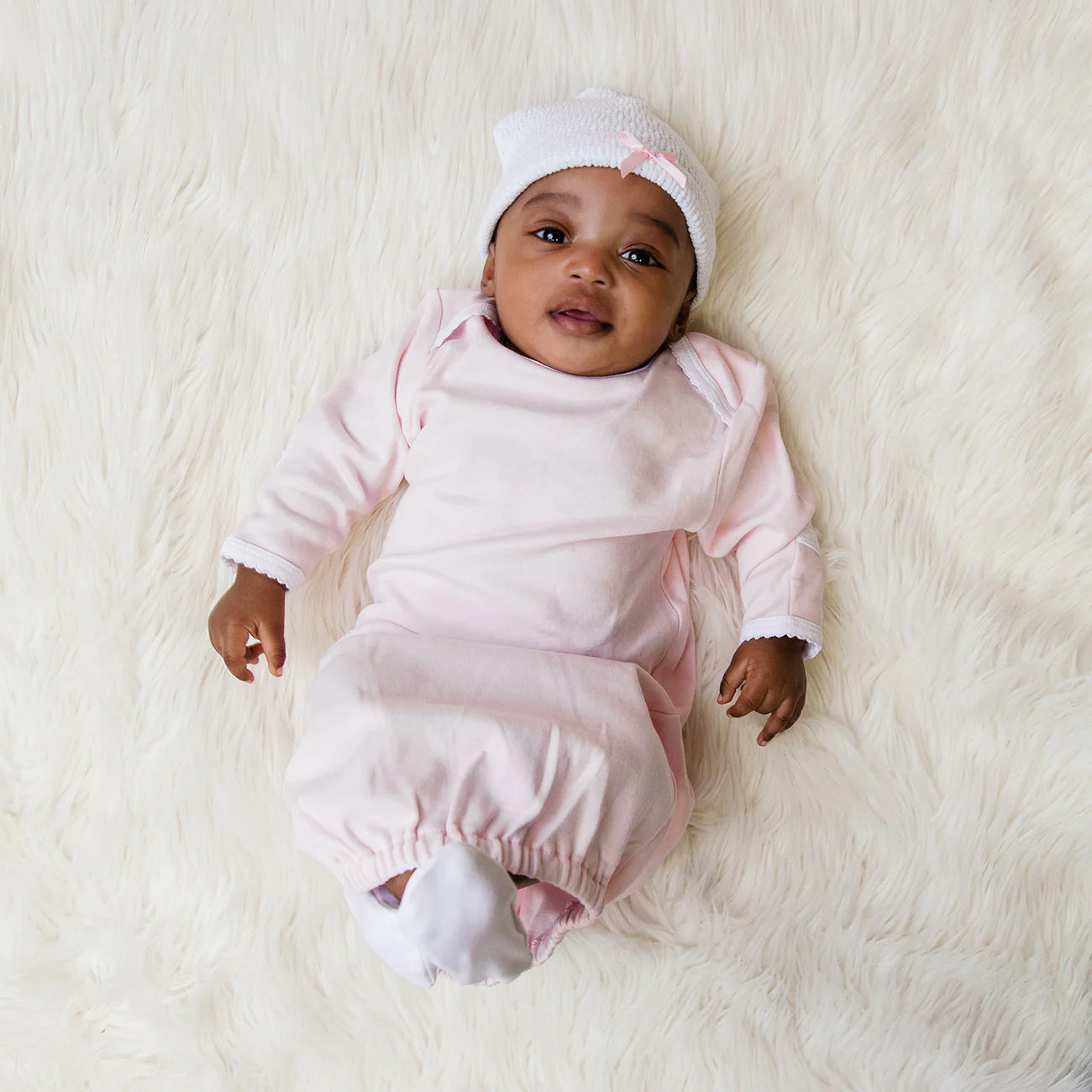 Paty Beanie Hat-White W/ Pink Bow