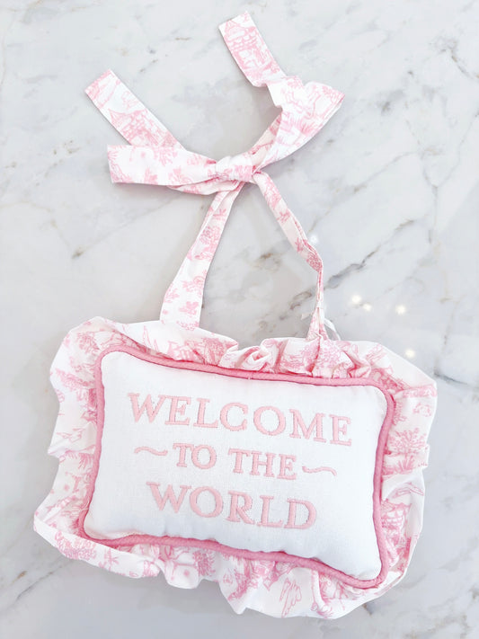 Welcome to the World Door Hanging Pillow- Pink Toile