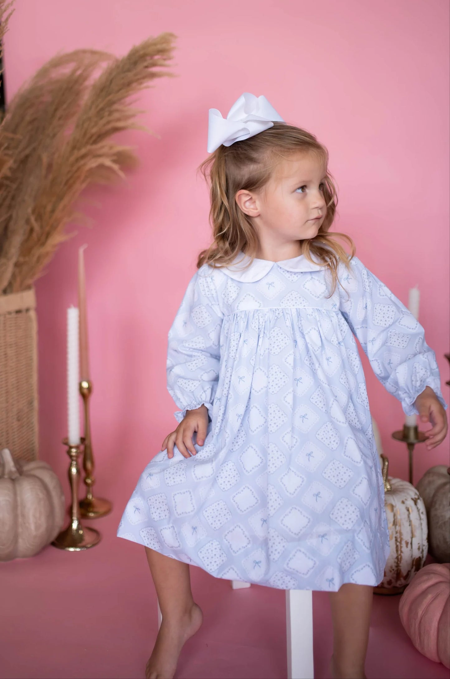 Girls Quilted Bow Patch Long Sleeve Dress