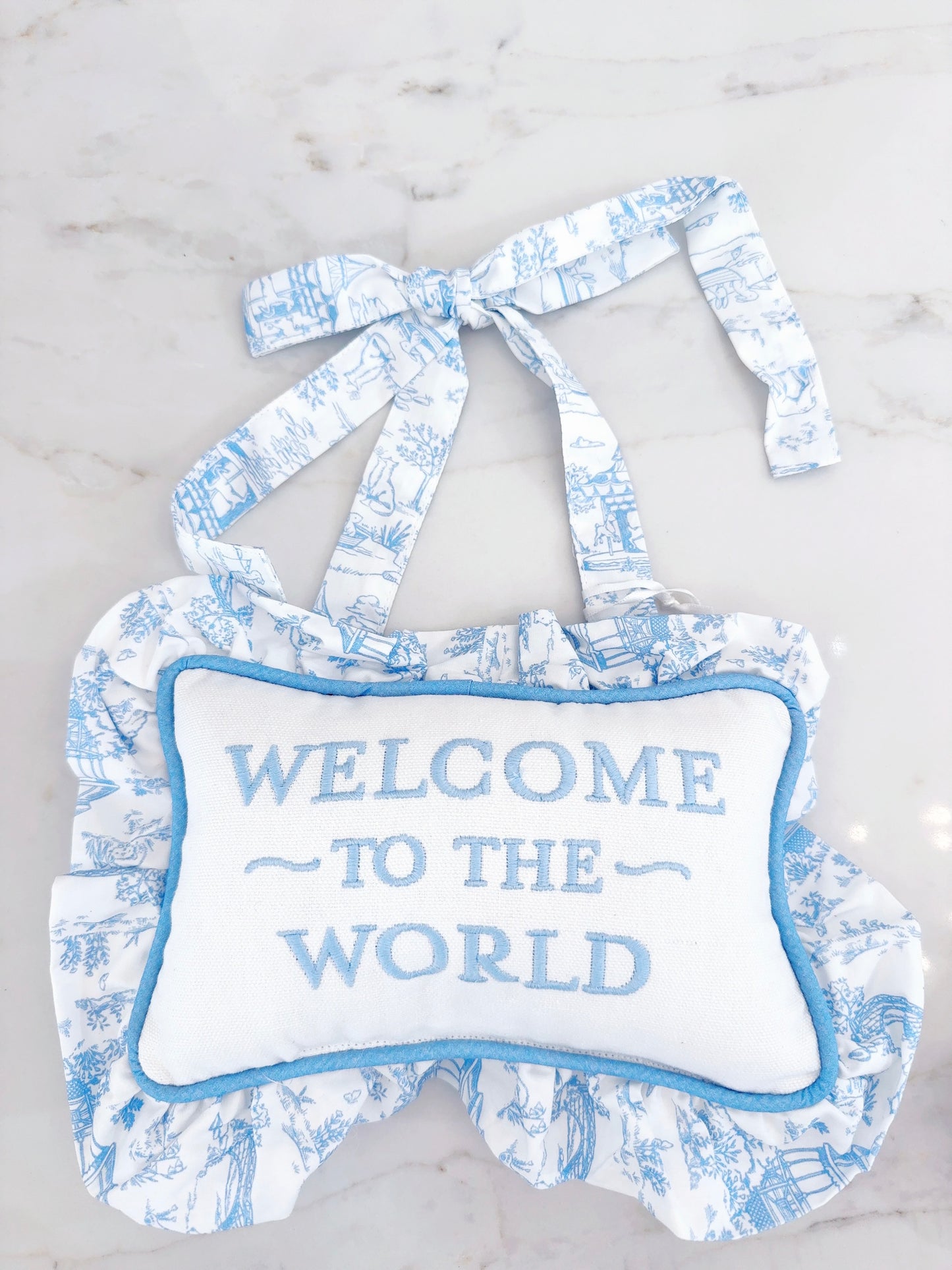 Welcome to the World Door Hanging Pillow- Blue Toile