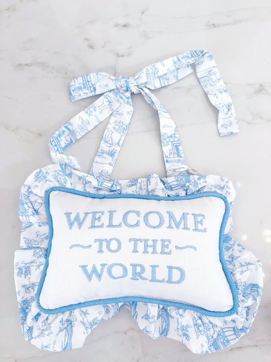 Welcome to the World Door Hanging Pillow- Blue Toile