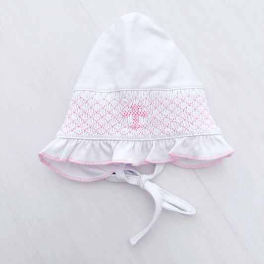 Cross Smocked Bonnet (White w/ Pink)