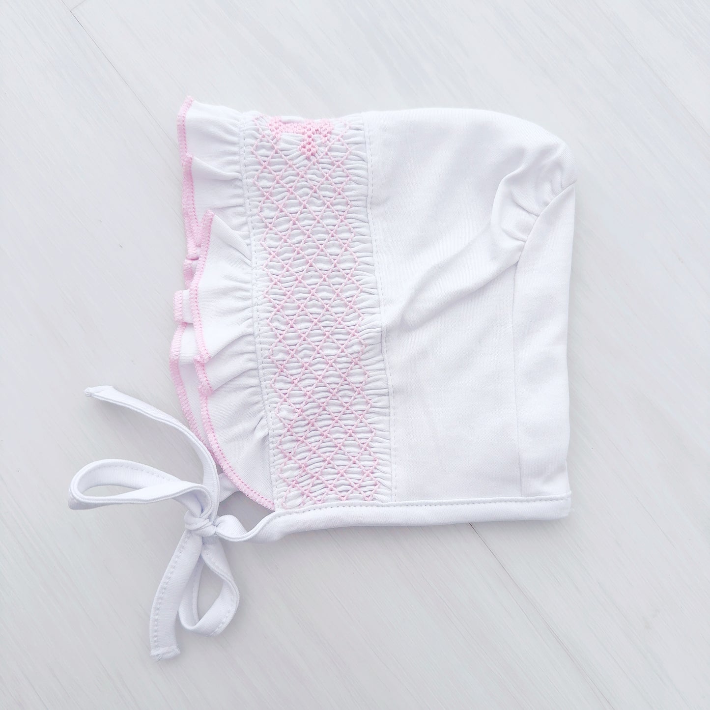 Cross Smocked Bonnet (White w/ Pink)