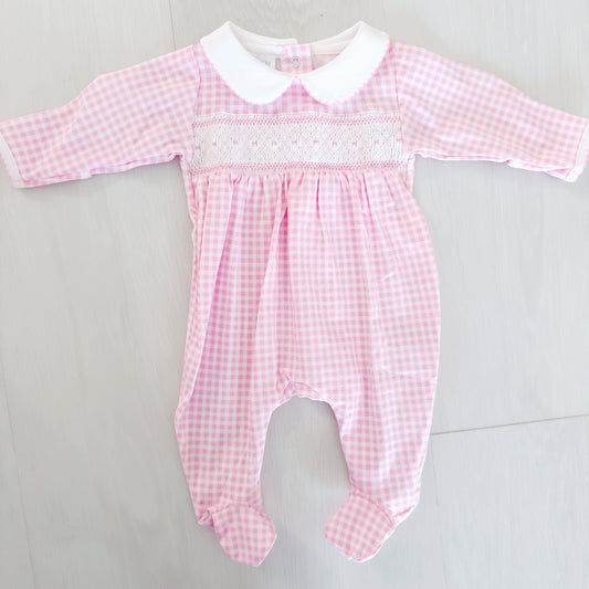 Macy Gingham Smocked Footie - Pink