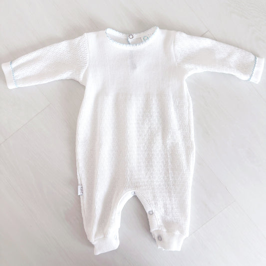 Paty Long Romper (White with Blue Trim)