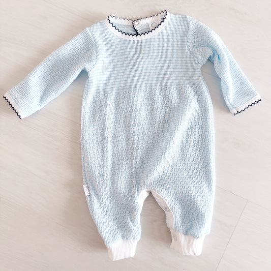 Paty Long Romper (Blue with Navy Trim)