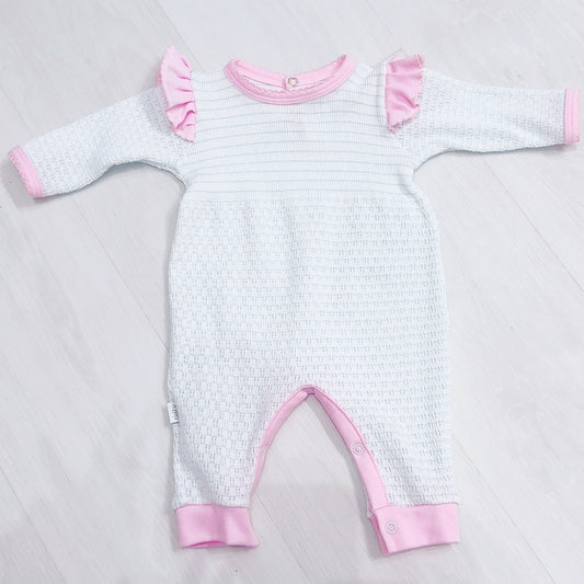 Paty Long Romper- Blue Stripes with Ruffles