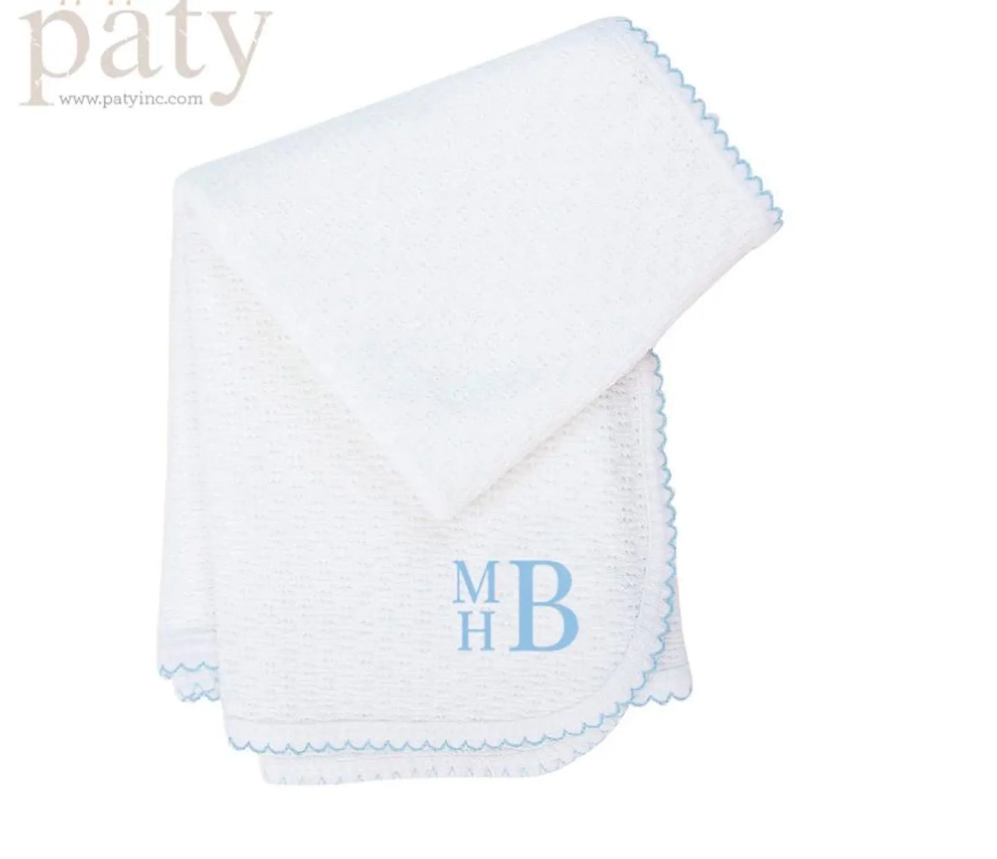 Paty Knit Swaddle Blanket- White W/ Blue Trim