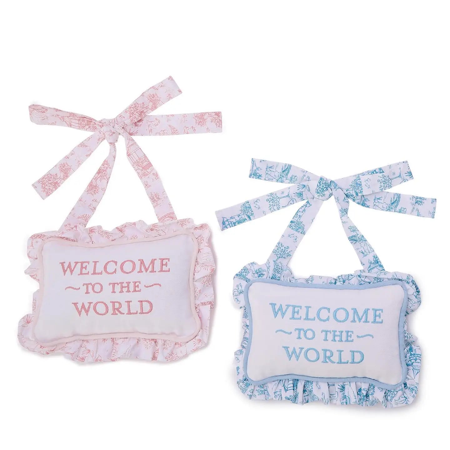 Welcome to the World Door Hanging Pillow- Blue Toile