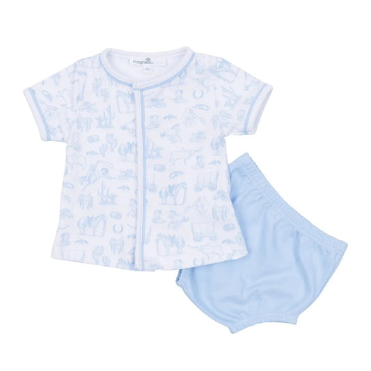Wild WIld West- Blue Toile Diaper Set