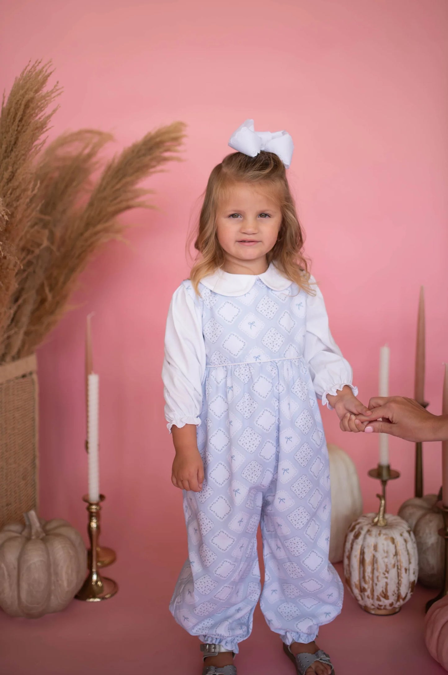 Girls Quilted Bow Patch Long Romper & Collard Long Sleeve