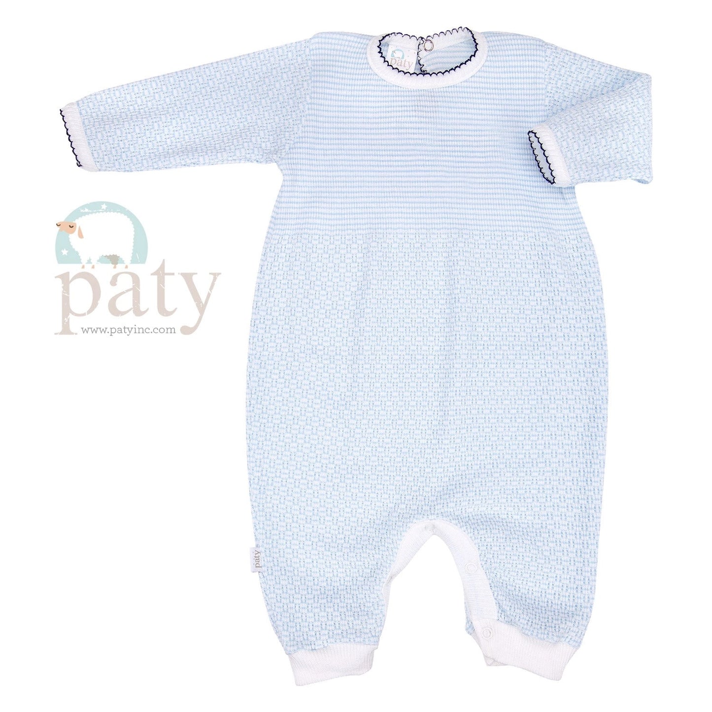 Paty Long Romper (Blue with Navy Trim)