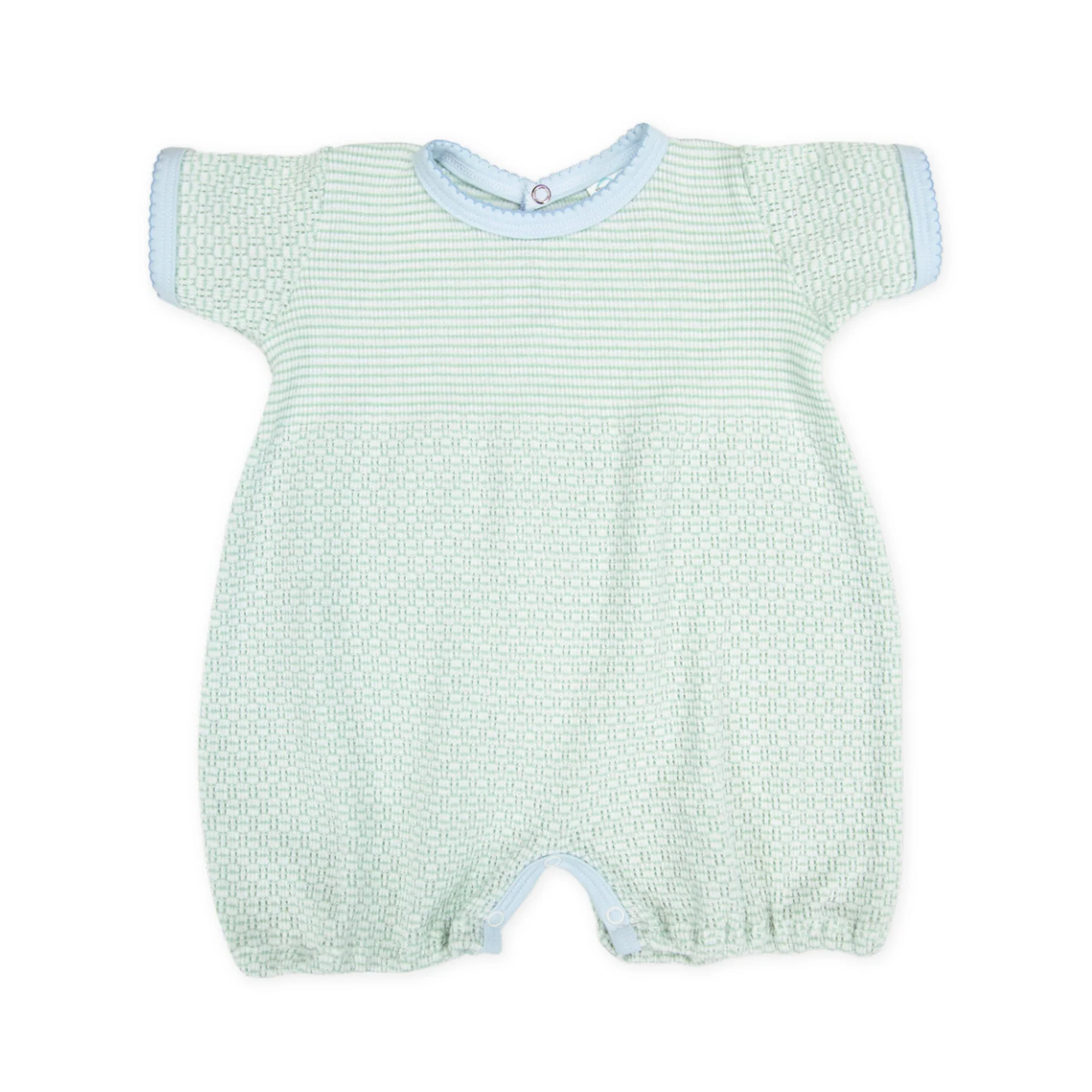 Paty Knit Solid Color Bubble Romper- Mint W/ Blue Trim