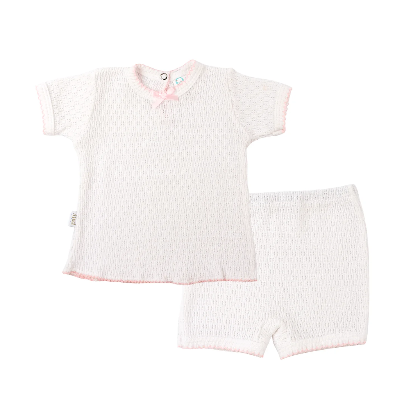 Paty Knit 2 PC Diaper Set with Shirt and Shorts (White w/ Pink Trim)