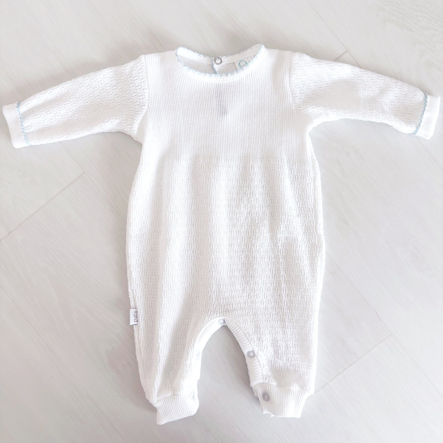 Paty Long Romper (White with Blue Trim)