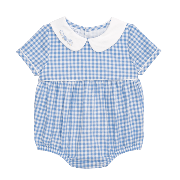 Train Embroidered Gingham Bubble (Blue And White)