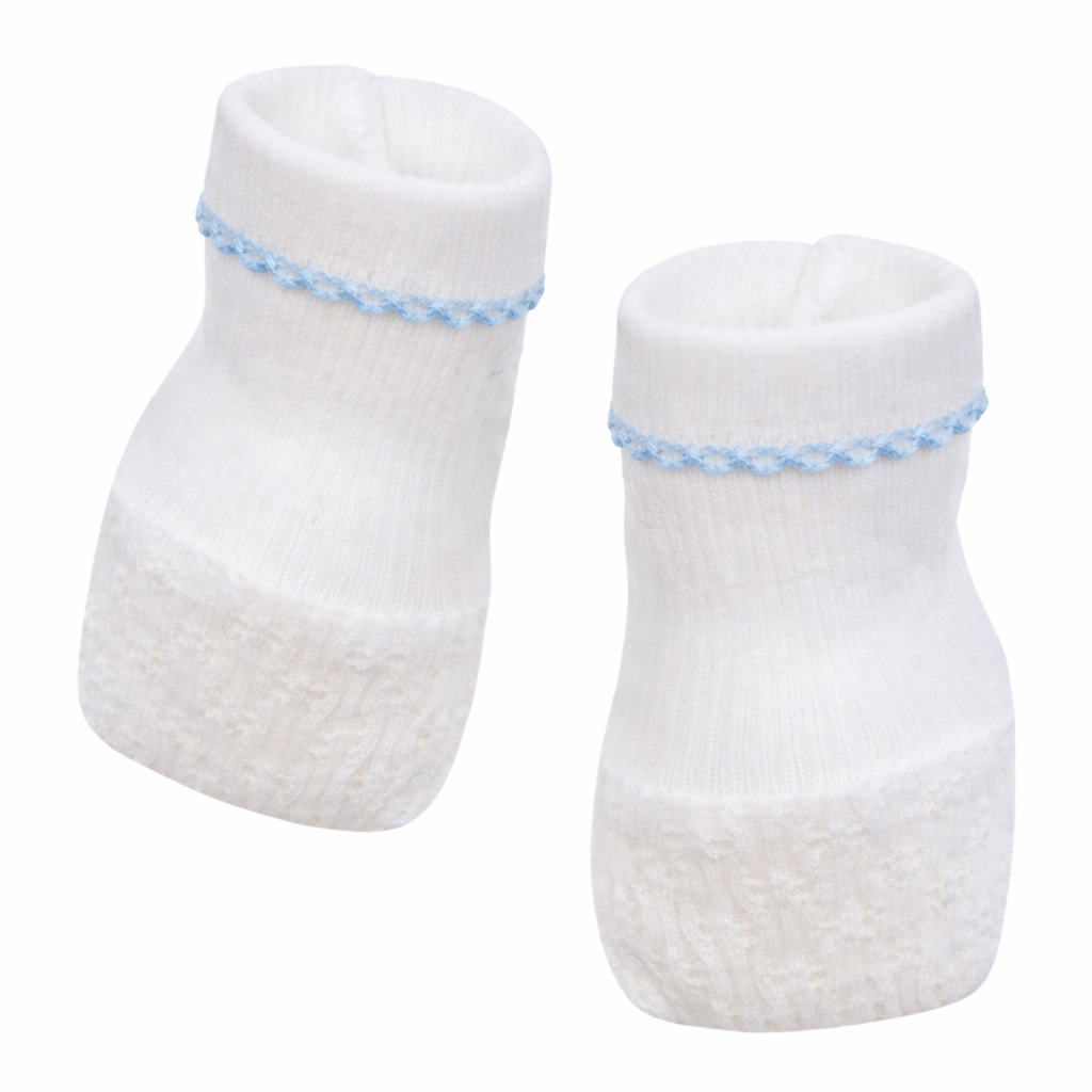 Paty Knit Booties- White W/ Blue Trim