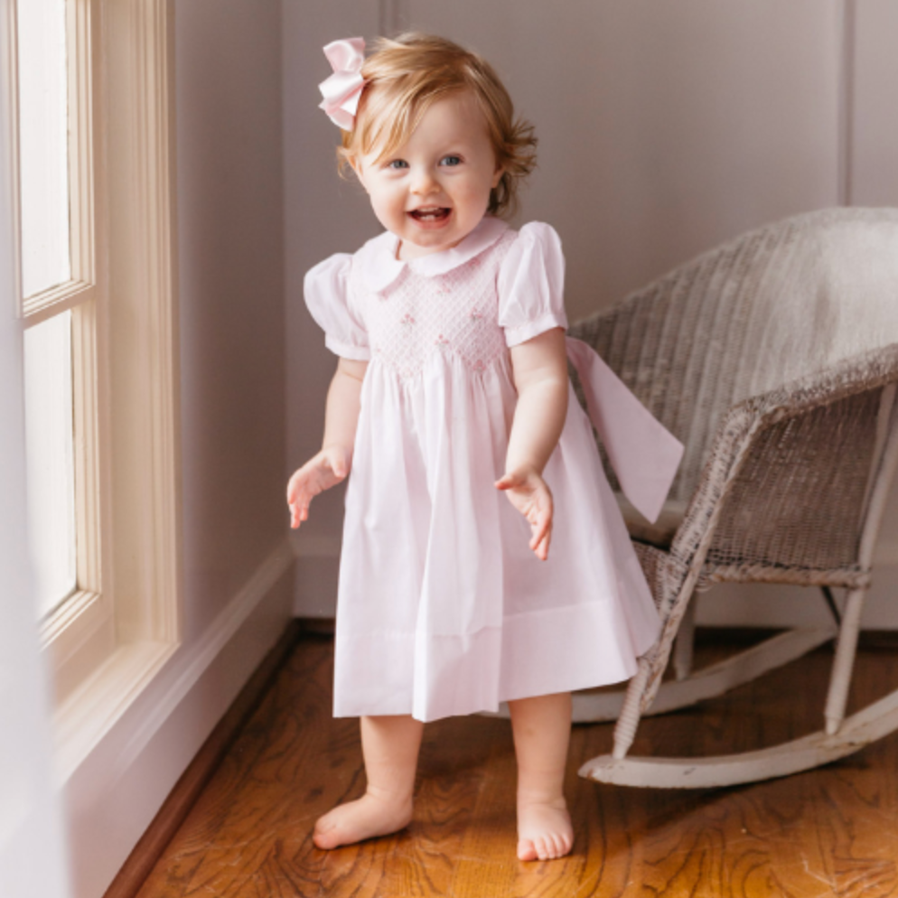 Scalloped Pearl Smocked Pink Dress- Feltman Brothers