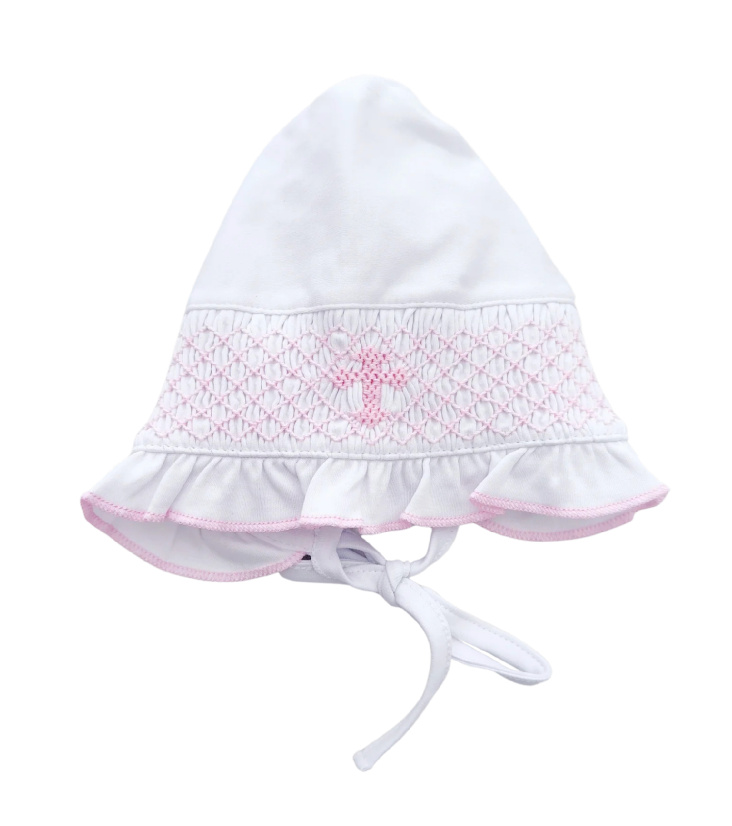 Cross Smocked Bonnet (White w/ Pink)