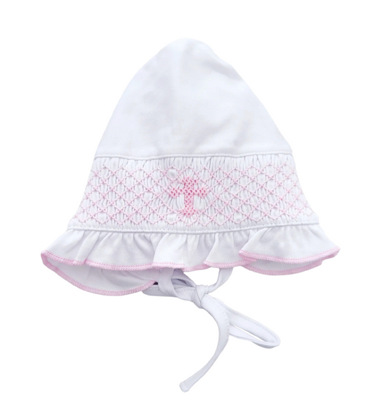 Cross Smocked Bonnet (White w/ Pink)