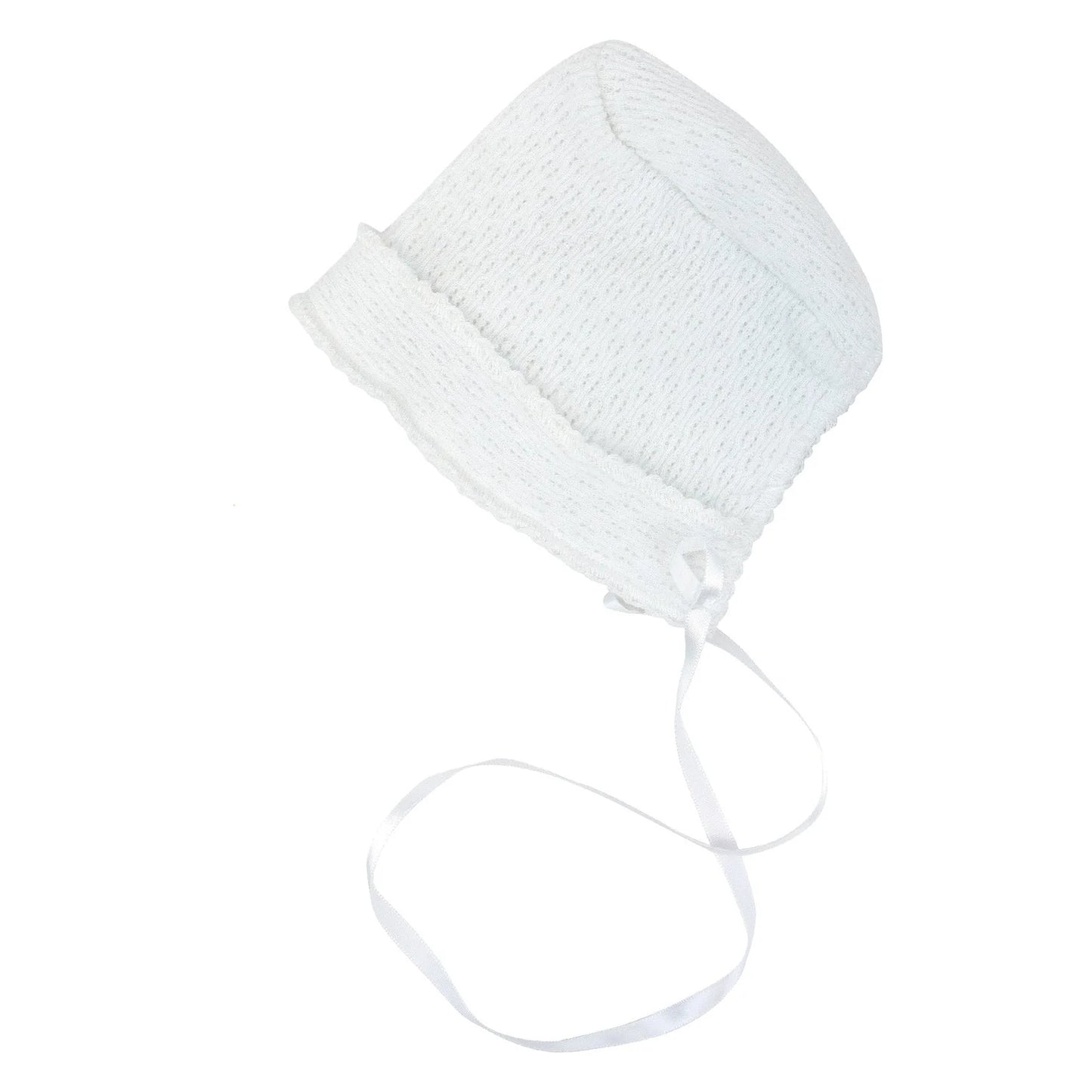 Paty Knit Bonnet with Satin Ribbon- White